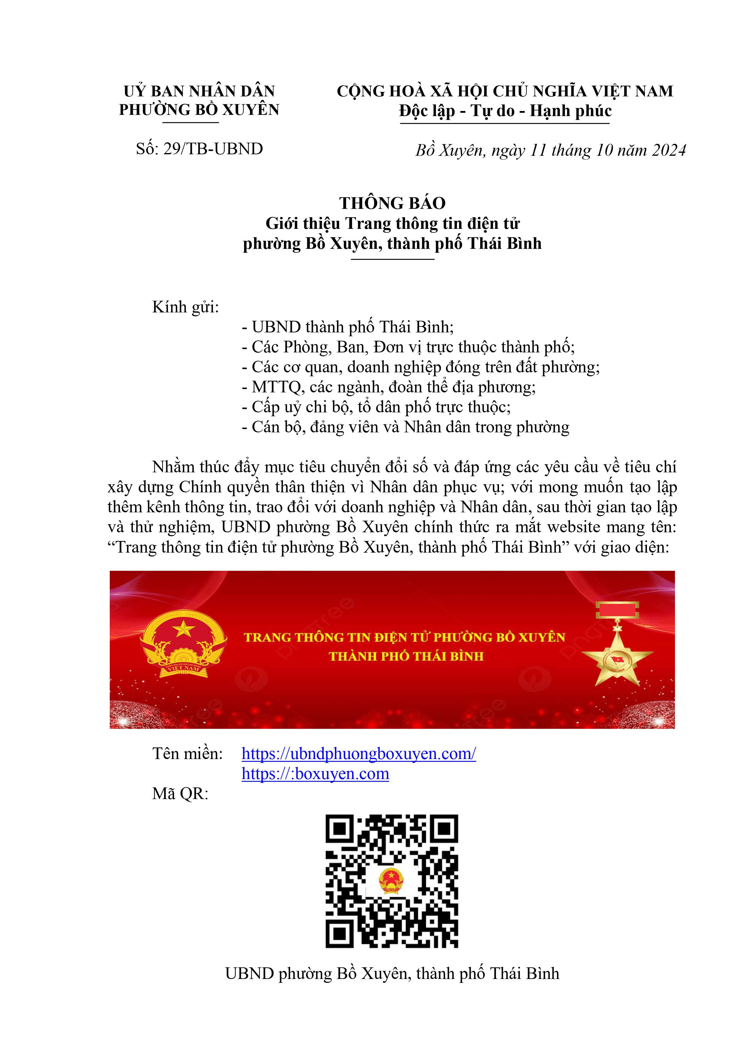 Thông báo ra mắt Website "Trang thông tin điện tử phường Bồ Xuyên"
